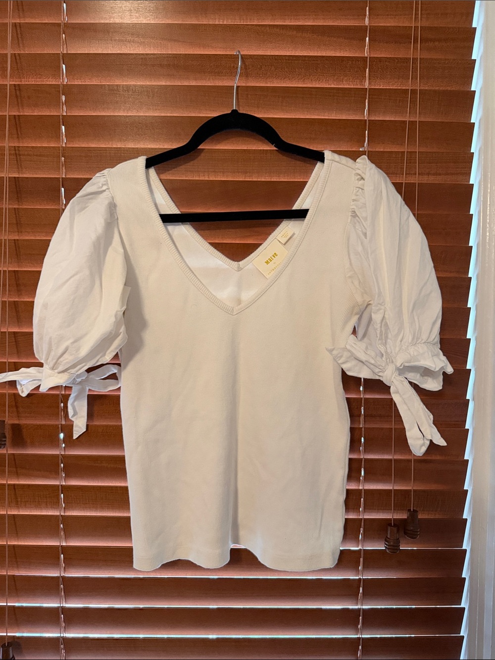 Anthropologie White V-Neck Puff Sleeve Tie Top size S
